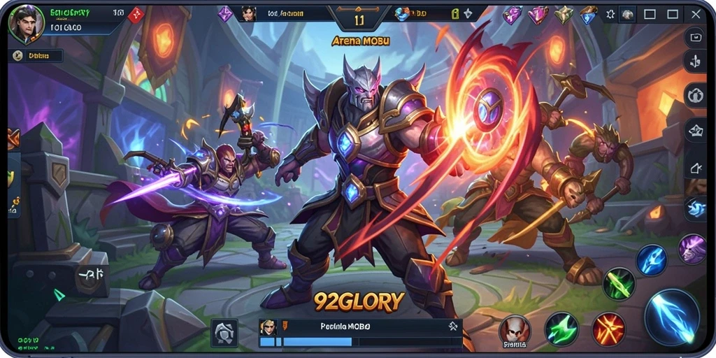 Gameplay seru di arena pertarungan MOBA 92GLORY.