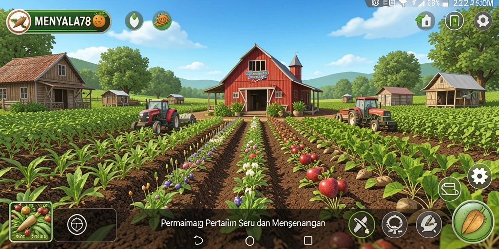 Tampilan gameplay MENYALA78 dengan pertanian yang subur dan aktivitas seru.