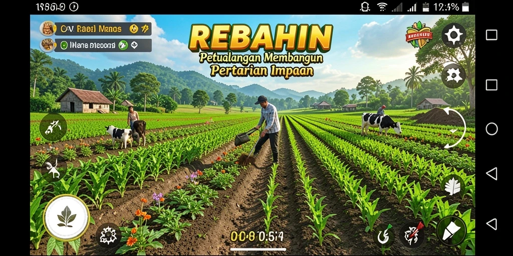 Tampilan gameplay REBAHIN dengan aktivitas bertani yang seru.