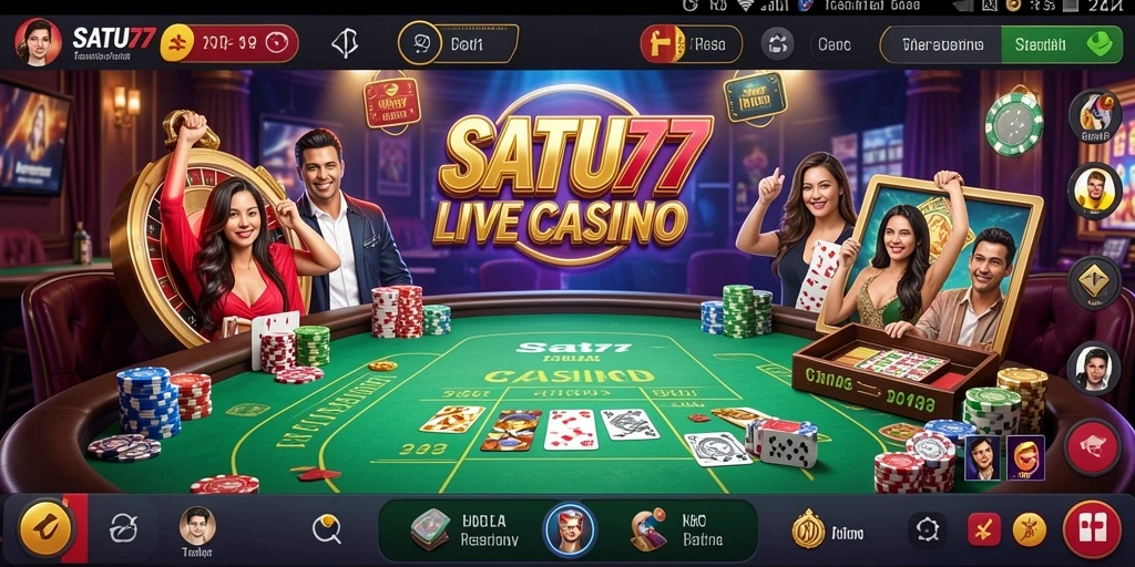 Tangkapan layar menunjukkan dealer profesional di SATU77 selama permainan Live Casino.