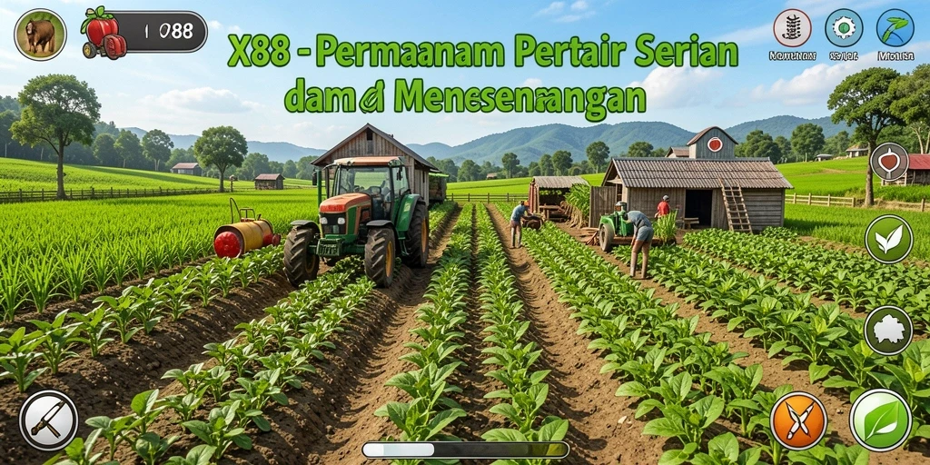 Tangkapan layar gameplay X88 menunjukkan aktivitas pertanian yang seru dan interaktif.