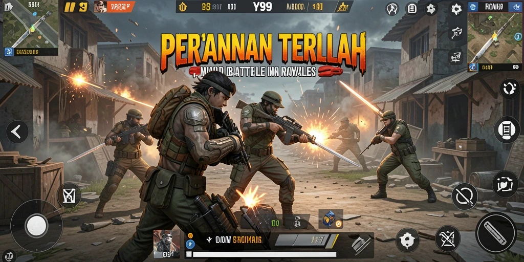 Screenshot Y89 menunjukkan aksi pertarungan Battle Royale yang seru.